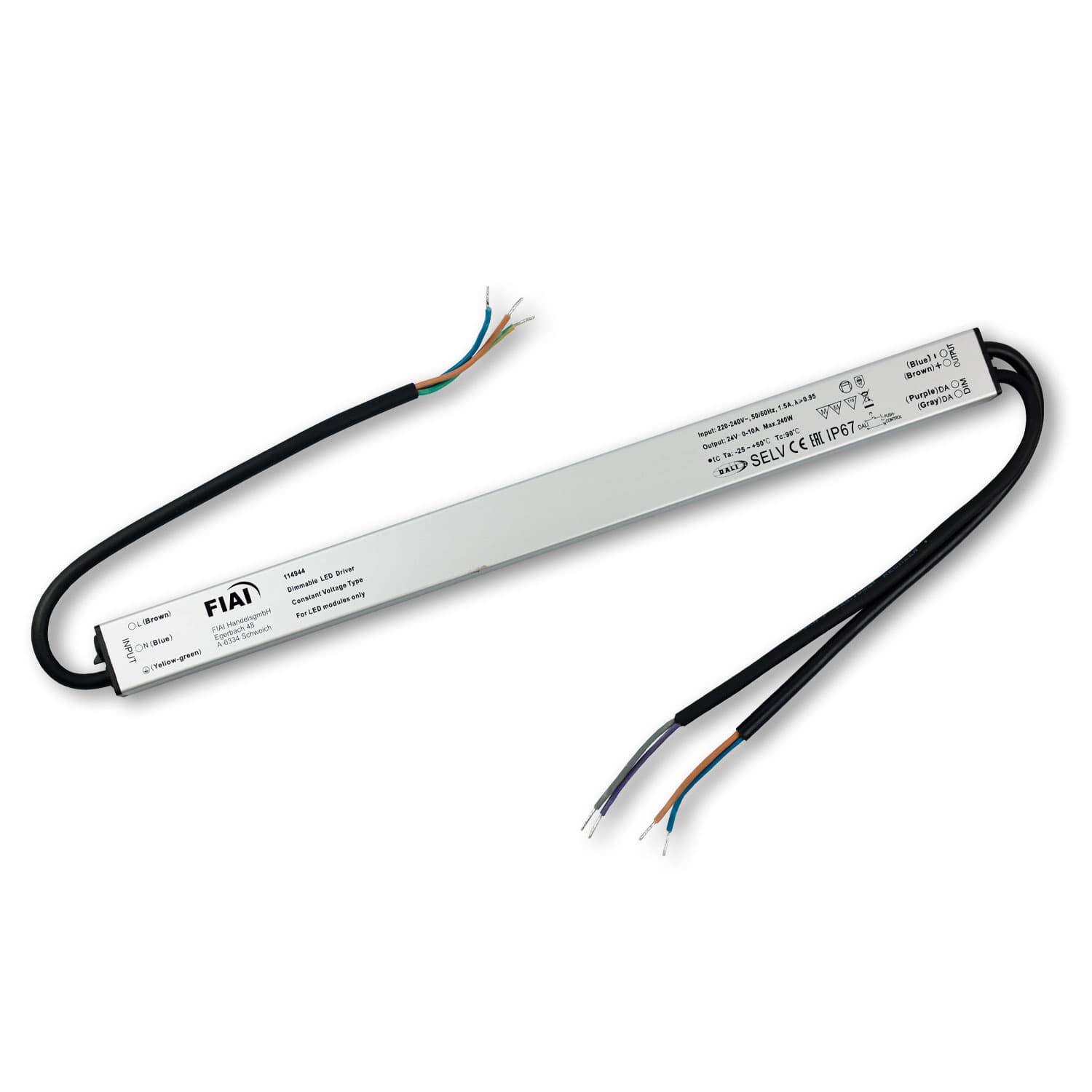 LED PWM-Trafo 24V/DC, 0-240W, Push/DALI-2 dimmbar, IP67, SELV, flach, ultraschmal