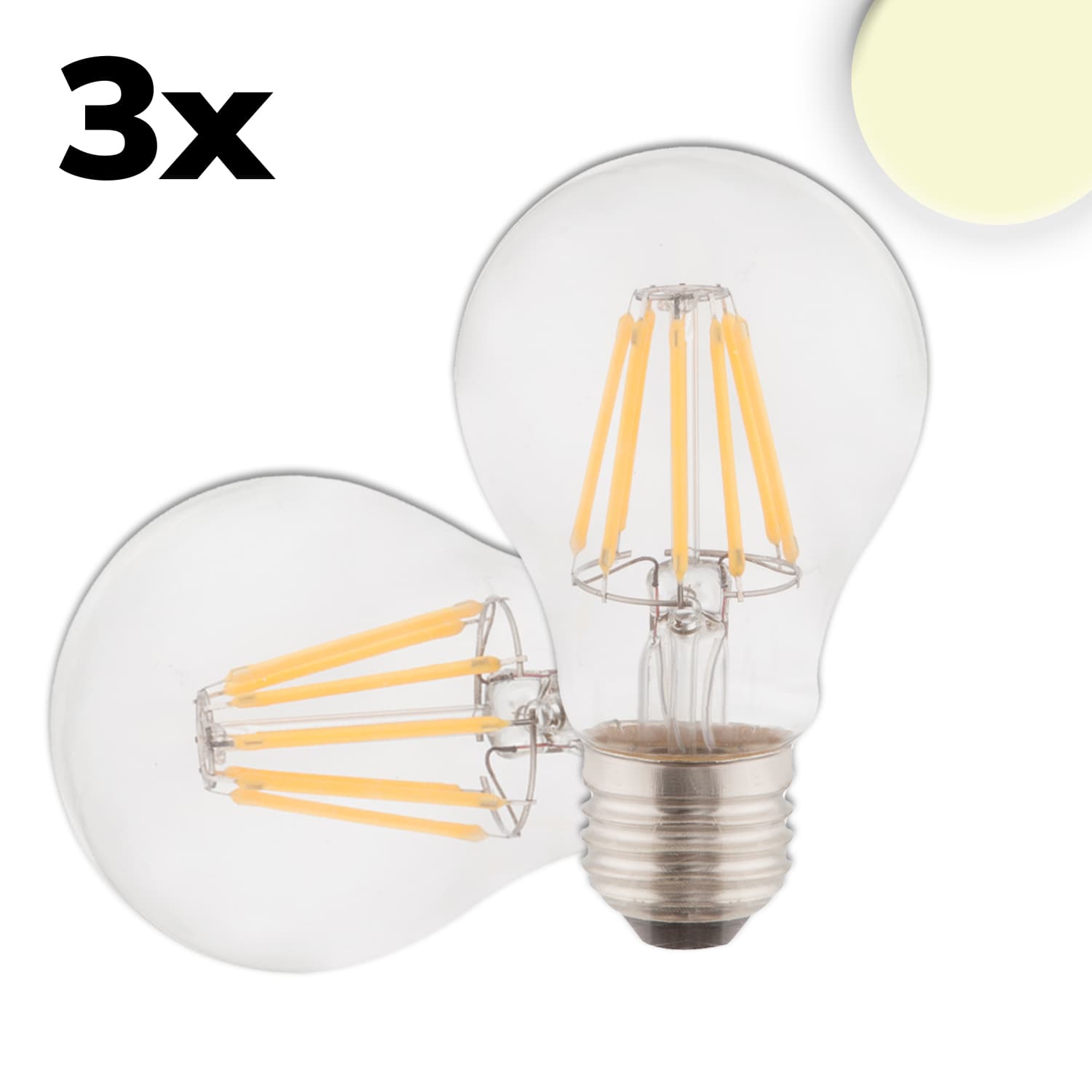 E27 LED Birne, 7W, klar, warmweiß, 3er Pack