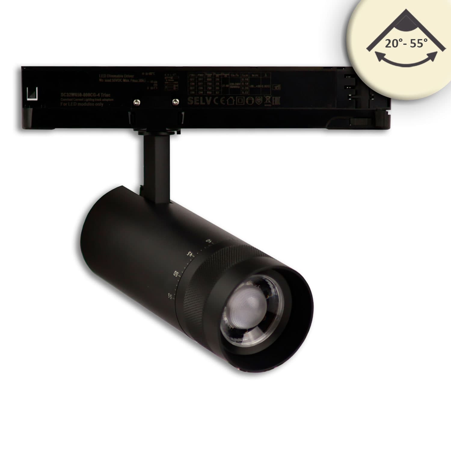3-Phasen Schienenstrahler fokussierbar, 24W, 20°-55°, schwarz matt, 3000K, DALI dimmbar