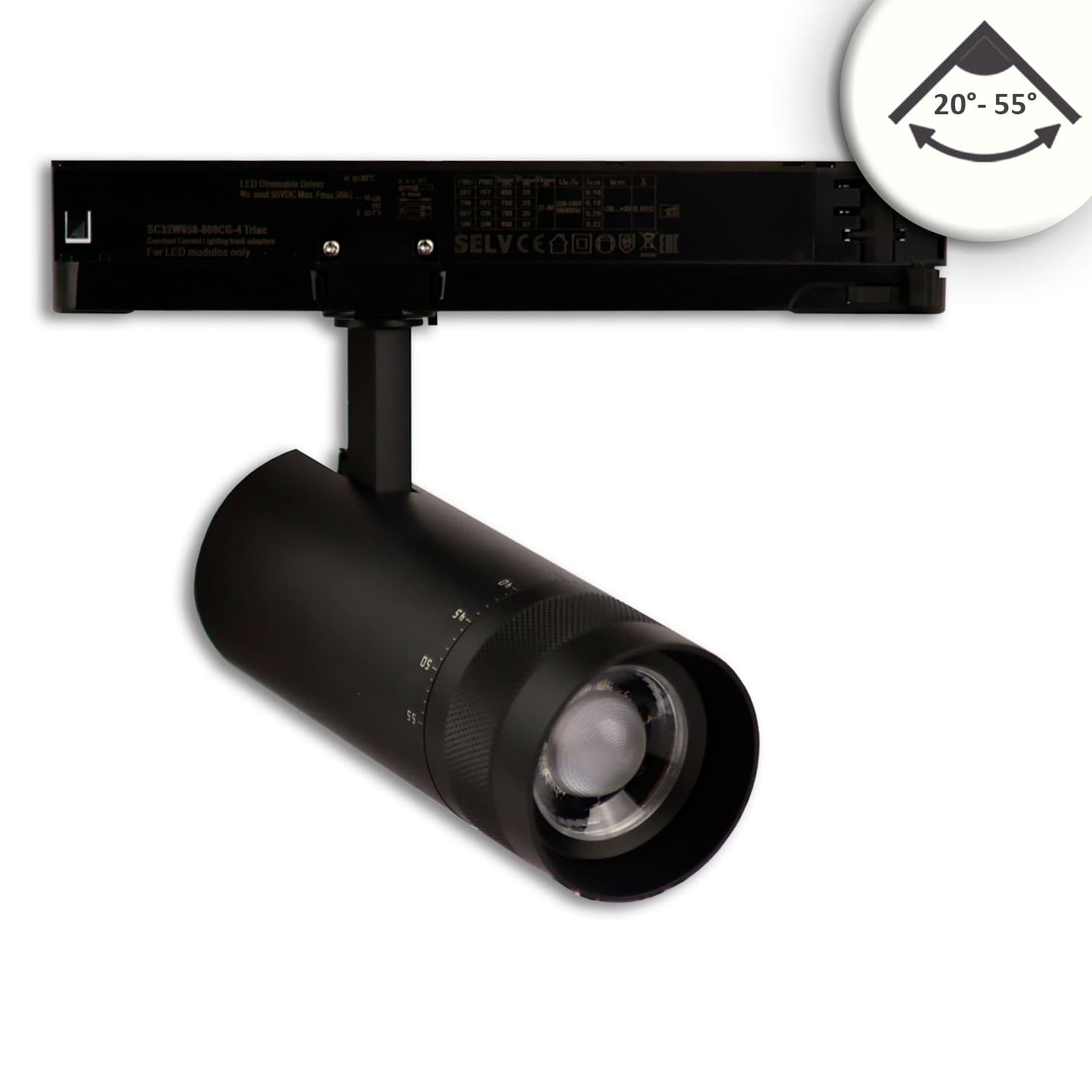 3-Phasen Schienenstrahler fokussierbar, 24W, 20°-55°, schwarz matt, 4000K, DALI dimmbar